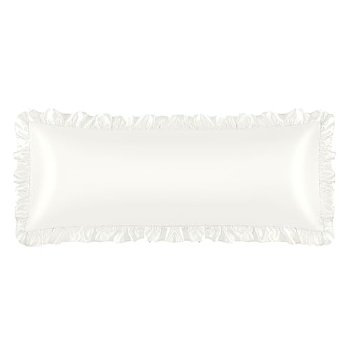 LINENLINE Ruffle Satin Pillowcase for Hair & Skin, Body Pillow Cover, White, 20x54 Inches, Envelope Closure, Similar to Silk Pillow Cases, Gifts for Girl - Image 1