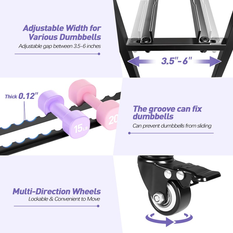 PARTPHONER Adjustable Dumbbell Rack, Weight Rack for Home Gym Storage, Home Gym Storage for Stores Dumbbells, Kettlebells and Yoga Mats, All in One Workout Storage Racks with Wheels and Hooks, Durable Powder Coated Steel - Image 5