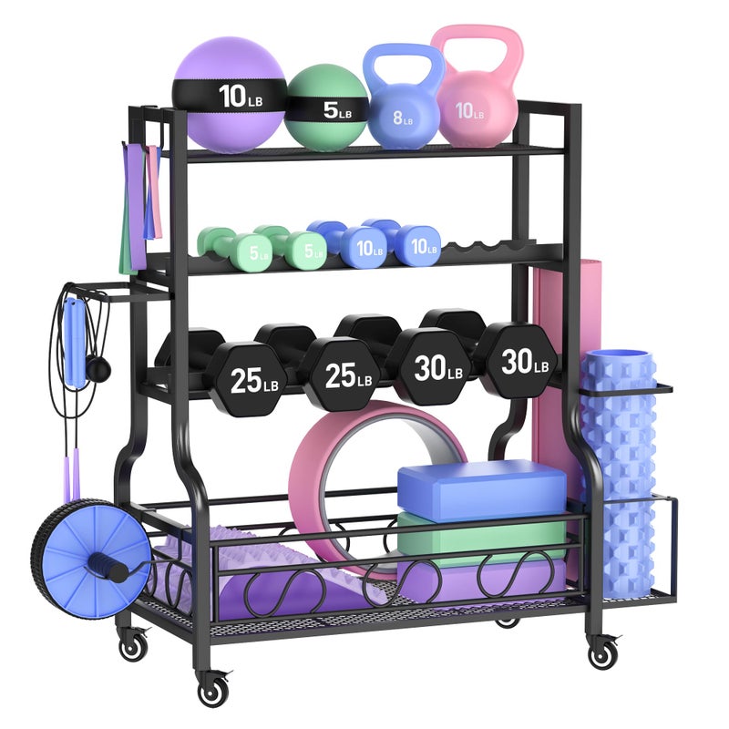 PARTPHONER Adjustable Dumbbell Rack, Weight Rack for Home Gym Storage, Home Gym Storage for Stores Dumbbells, Kettlebells and Yoga Mats, All in One Workout Storage Racks with Wheels and Hooks, Durable Powder Coated Steel - Image 1