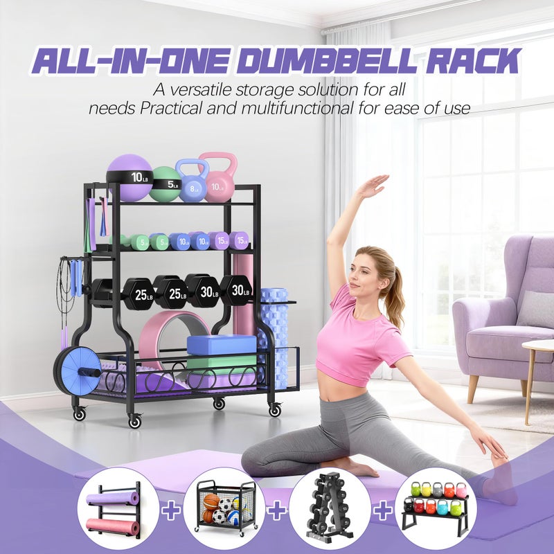 PARTPHONER Adjustable Dumbbell Rack, Weight Rack for Home Gym Storage, Home Gym Storage for Stores Dumbbells, Kettlebells and Yoga Mats, All in One Workout Storage Racks with Wheels and Hooks, Durable Powder Coated Steel - Image 2