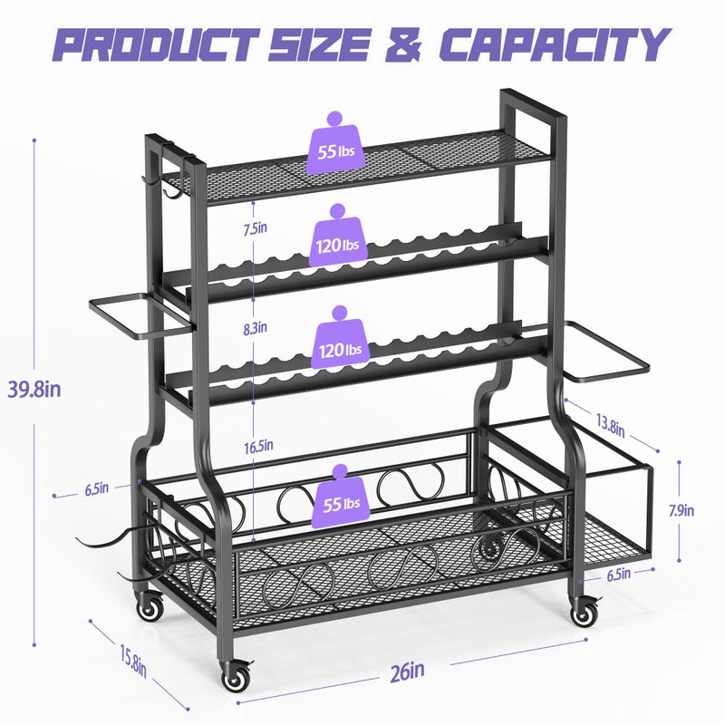 PARTPHONER Adjustable Dumbbell Rack, Weight Rack for Home Gym Storage, Home Gym Storage for Stores Dumbbells, Kettlebells and Yoga Mats, All in One Workout Storage Racks with Wheels and Hooks, Durable Powder Coated Steel - Image 3