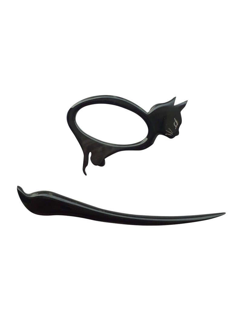 Marycrafts Marycrafts Buffalo Horn Cat Kitten Shawl Pin, Hair Pin Accessory Handmade (Black) 