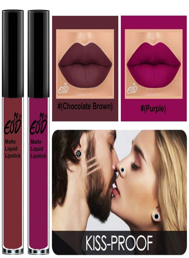 EOD® Soft Matte Kiss Proof Vegan Made in India Liquid Lipstick Long Wearing Set of 2 Lip Gloss(Chocolate Brown, Purple) - Image 3
