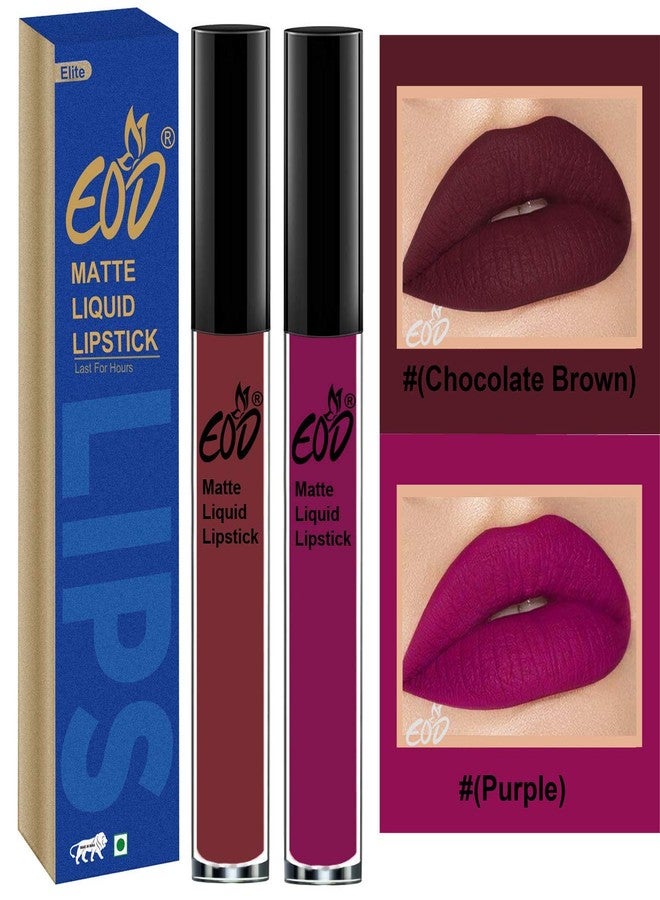 EOD® Soft Matte Kiss Proof Vegan Made in India Liquid Lipstick Long Wearing Set of 2 Lip Gloss(Chocolate Brown, Purple) - Image 2