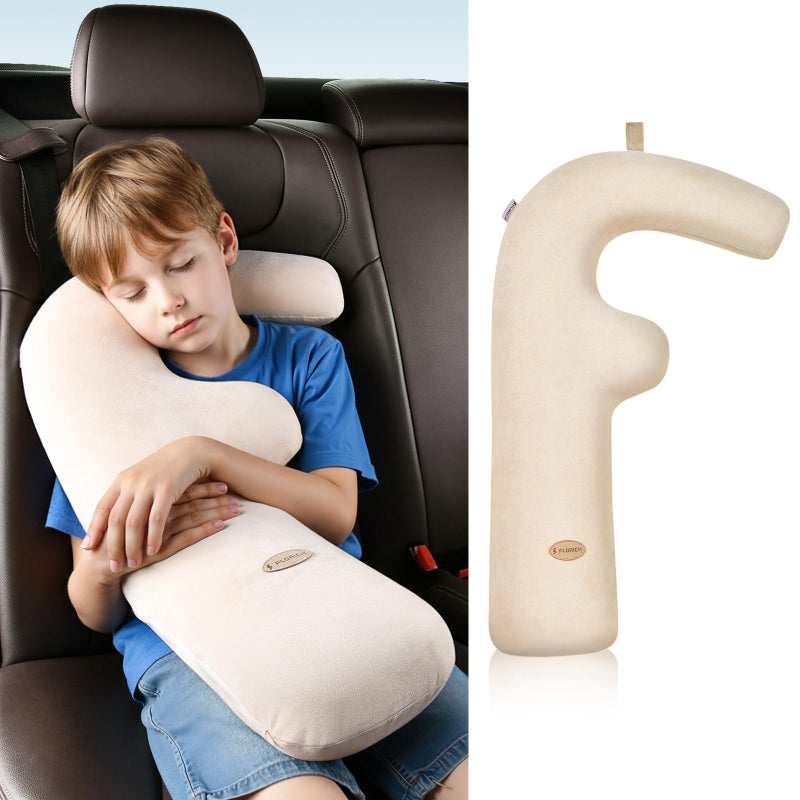 FLORICH Memory Foam Kids Travel Pillow, Car Sleeping Pillow, F-Shape Car Pillows for Adults and Children, Traveling Car Pillow for Kids with Removable Pillowcase (Beige) - Image 1