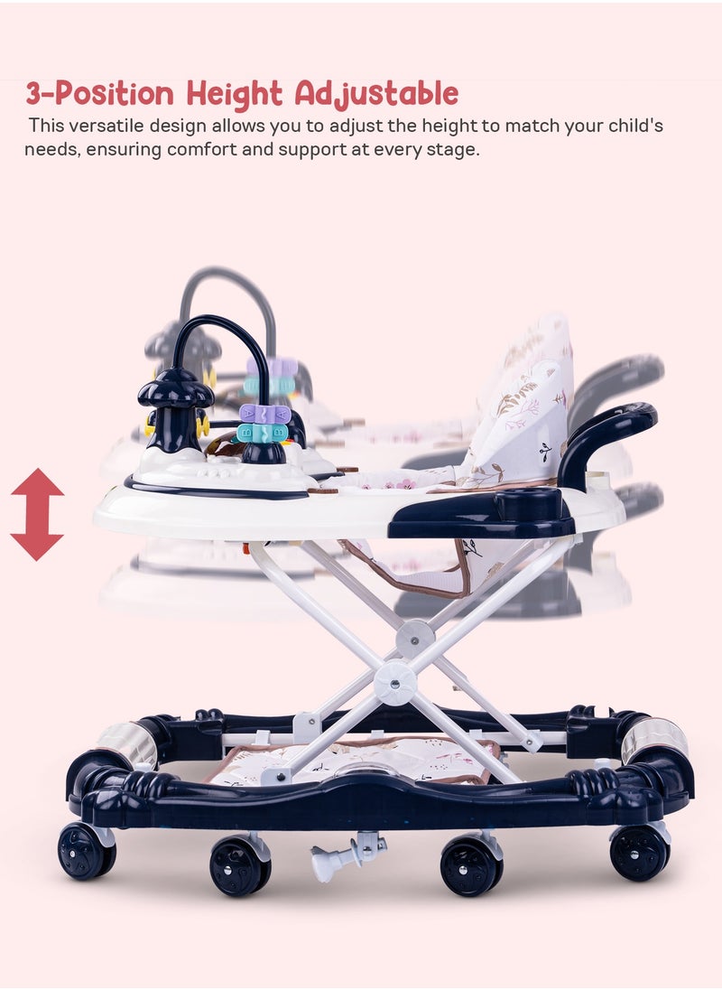 BAYBEE Bulba Baby Walker With Rocker for Baby, Kids Walker with Three Adjustable Height Foot Mat Canopy Musical Toy Bar Activity Walker for Toddlers Kids Walker for Baby Boy Girl 6-18months Dark Blue  - Image 4