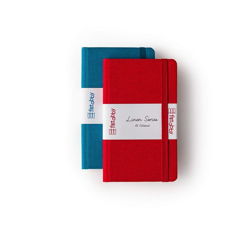 Kitabby – Linen Series – A6 Size – Hard Bound Pocket Notebook with Elastic Band – 192 Pages – 80gsm Natural Shade Paper – Linen Fabric Cover Material – Pack of 2 – (Aqua Blue + Red) - Image 1