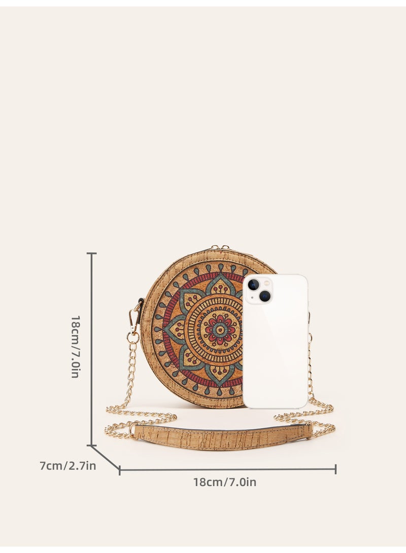 Women Bohemian Mandala Floral Print Round Crossbody Bag, Recycled Cork Circular Chain Shoulder Handbag - Image 3