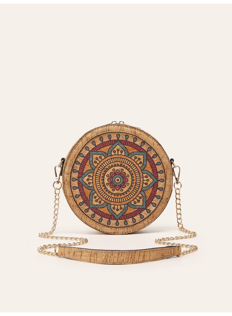 Women Bohemian Mandala Floral Print Round Crossbody Bag, Recycled Cork Circular Chain Shoulder Handbag - Image 1