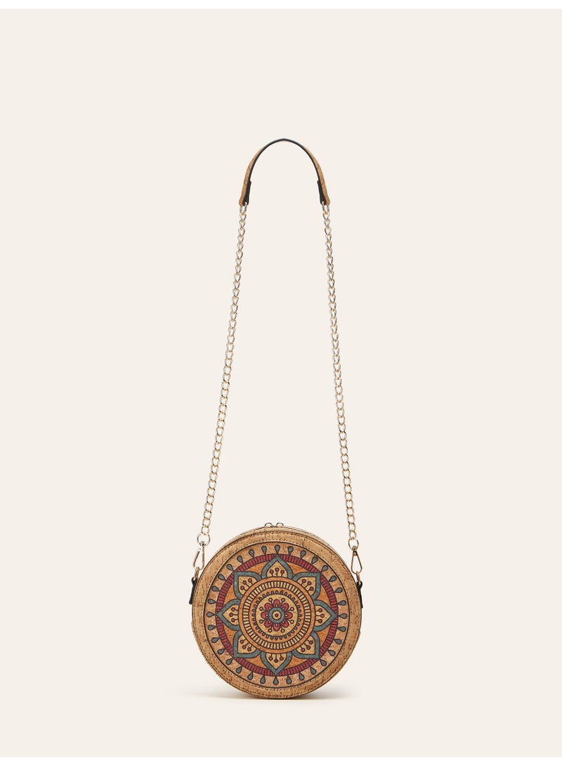 Women Bohemian Mandala Floral Print Round Crossbody Bag, Recycled Cork Circular Chain Shoulder Handbag - Image 4