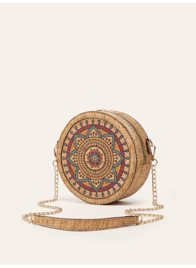 Women Bohemian Mandala Floral Print Round Crossbody Bag, Recycled Cork Circular Chain Shoulder Handbag - Image 2