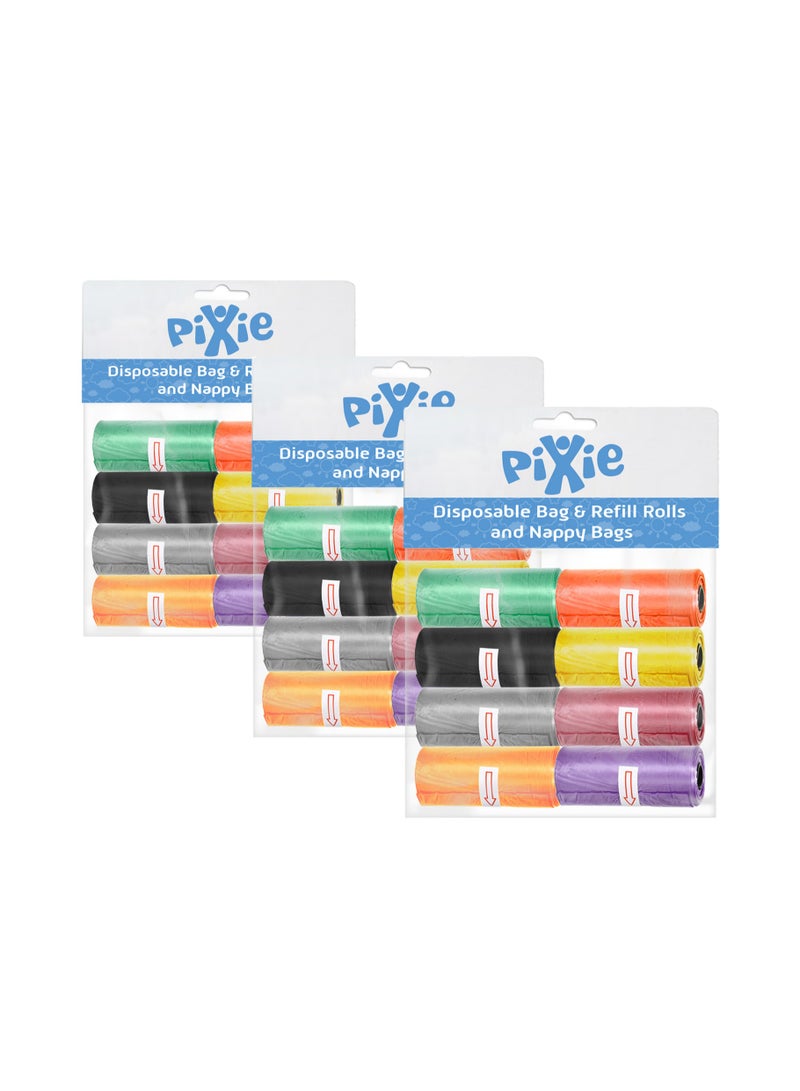 Pixie Bag and Refill 8 Rolls Pack of 3-480 Bags, Baby Nappy bag, Pet waste bag, Scented Diaper bag, Trash bag, Garbage bag, Colorful Plastic bag, sacks - Image 1