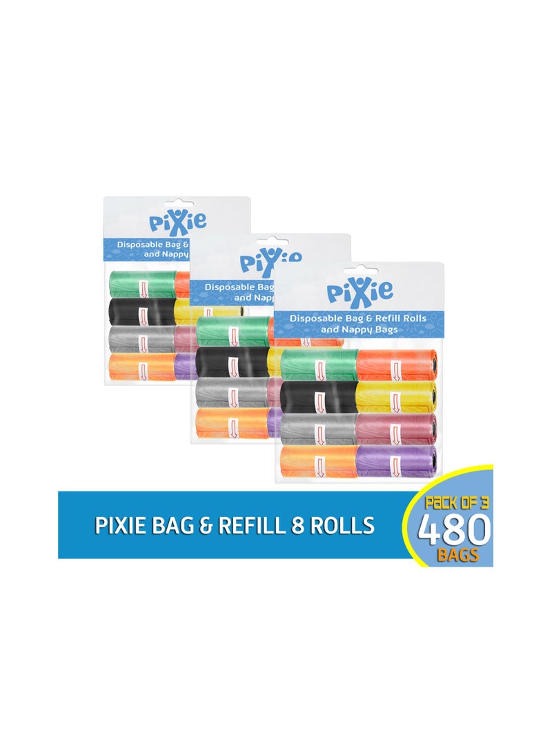 Pixie Bag and Refill 8 Rolls Pack of 3-480 Bags, Baby Nappy bag, Pet waste bag, Scented Diaper bag, Trash bag, Garbage bag, Colorful Plastic bag, sacks - Image 2