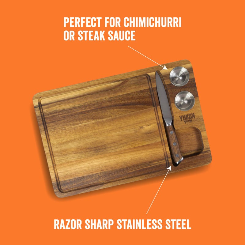 Yukon Glory Yukon Glory™ Steak Board for Serving Steak, Meat, and Poultry in Style, Premium Acacia Wood, Includes Sauce Cups and Steak Knife, 3 Pack  - Image 3