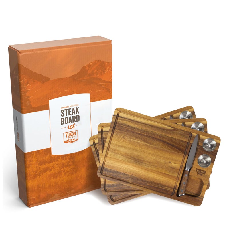 Yukon Glory Yukon Glory™ Steak Board for Serving Steak, Meat, and Poultry in Style, Premium Acacia Wood, Includes Sauce Cups and Steak Knife, 3 Pack  - Image 1