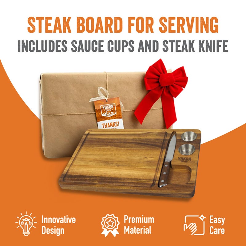 Yukon Glory Yukon Glory™ Steak Board for Serving Steak, Meat, and Poultry in Style, Premium Acacia Wood, Includes Sauce Cups and Steak Knife, 3 Pack  - Image 5