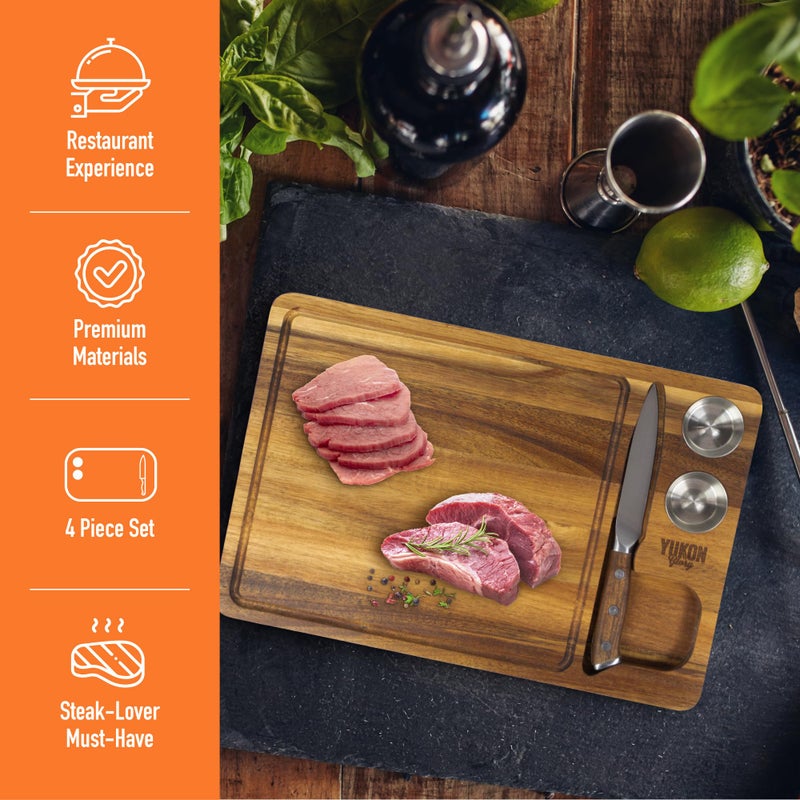 Yukon Glory Yukon Glory™ Steak Board for Serving Steak, Meat, and Poultry in Style, Premium Acacia Wood, Includes Sauce Cups and Steak Knife, 3 Pack  - Image 2
