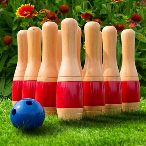 HEY PLAY Bowling Set Indoor and Outdoor Game for Adults and Kids Ages 3 and Up Includes 10 Wood Pins 2 Bowling Balls and Carrying Bag Red - Image 5