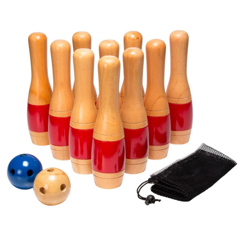 HEY PLAY Bowling Set Indoor and Outdoor Game for Adults and Kids Ages 3 and Up Includes 10 Wood Pins 2 Bowling Balls and Carrying Bag Red - Image 4