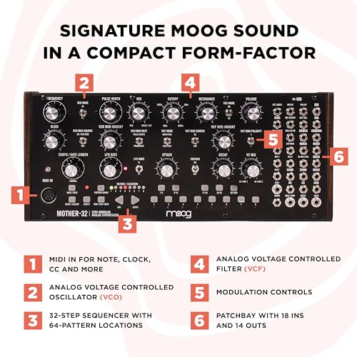 MOOG Mother-32 Semi-Modular Eurorack Analog Synthesizer with 32-Step Sequencer, VC Oscillator and Ladder Filter, MIDI In, Extended Patchbay, CV Jack - Image 2