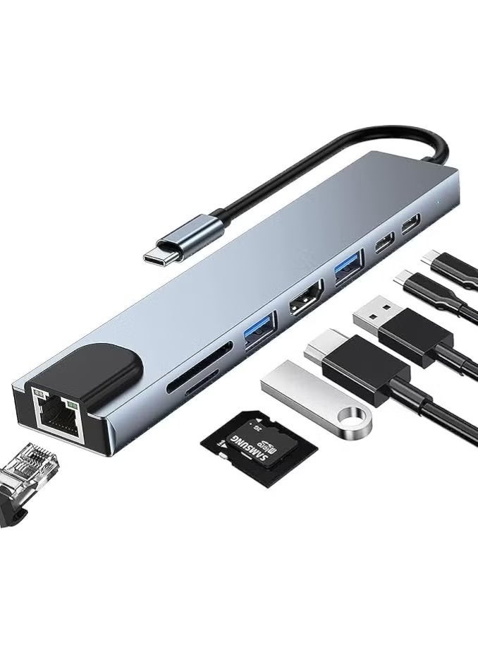 8-in-1 USB-C Multiport Hub with 4K HDMI, 100W Power Delivery, Gigabit Ethernet, USB 3.0, USB 2.0, SD/TF Card Reader for USB-C Devices - Image 1