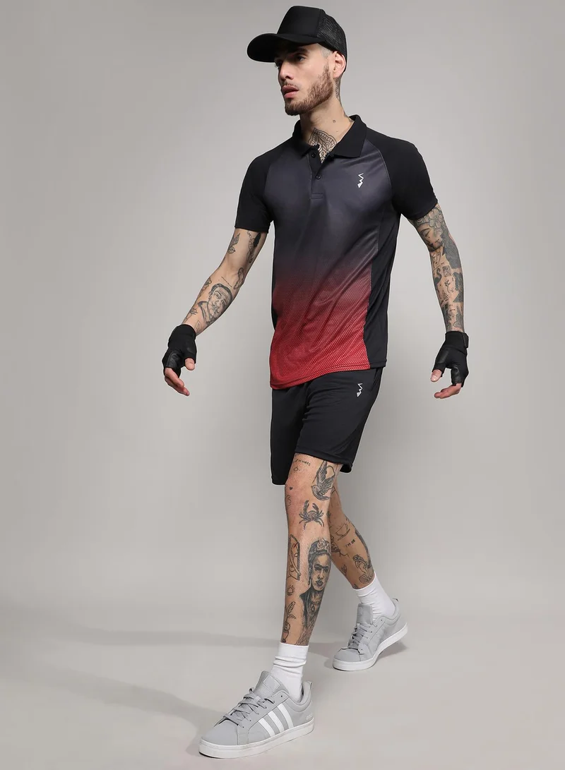 Campus Sutra CS Life Men's Jet Black & Crimson Red Ombre Polo Activewear T-Shirt For Casual Wear | Spread Collar | Short Sleeve | Anti-Odor | Dri-Fit | Jersey T-Shirt Crafted With Comfort Fit & High-Performance