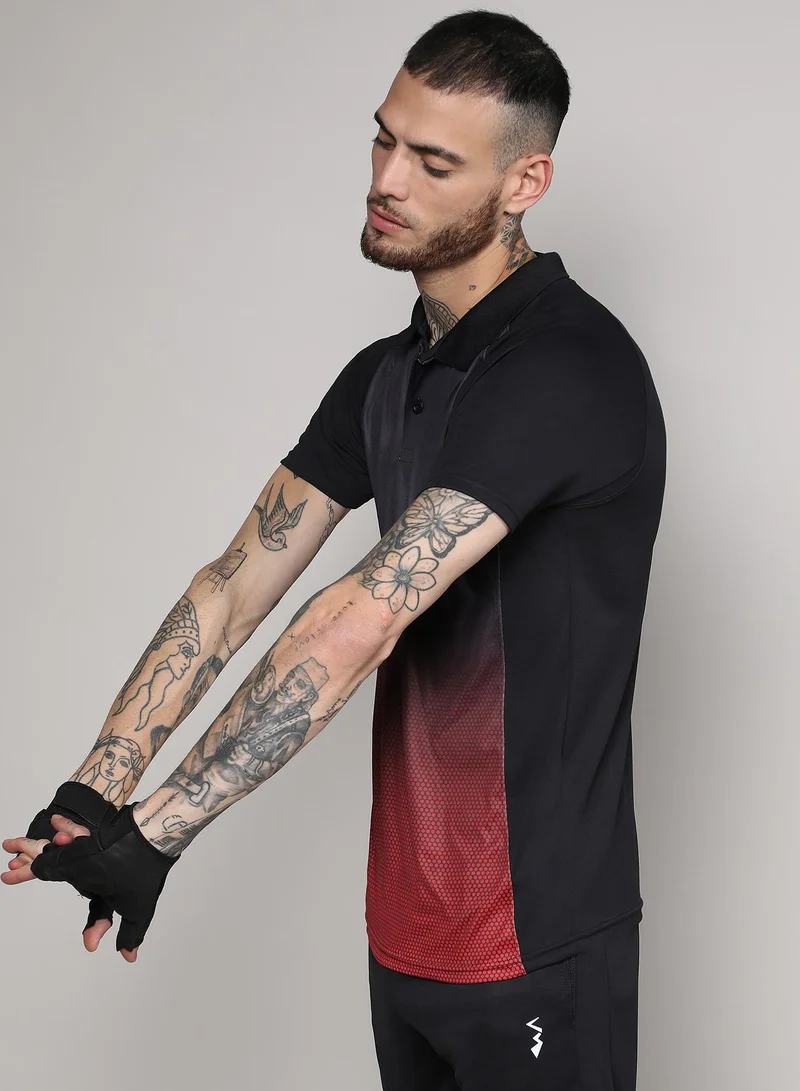 Campus Sutra CS Life Men's Jet Black & Crimson Red Ombre Polo Activewear T-Shirt For Casual Wear | Spread Collar | Short Sleeve | Anti-Odor | Dri-Fit | Jersey T-Shirt Crafted With Comfort Fit & High-Performance