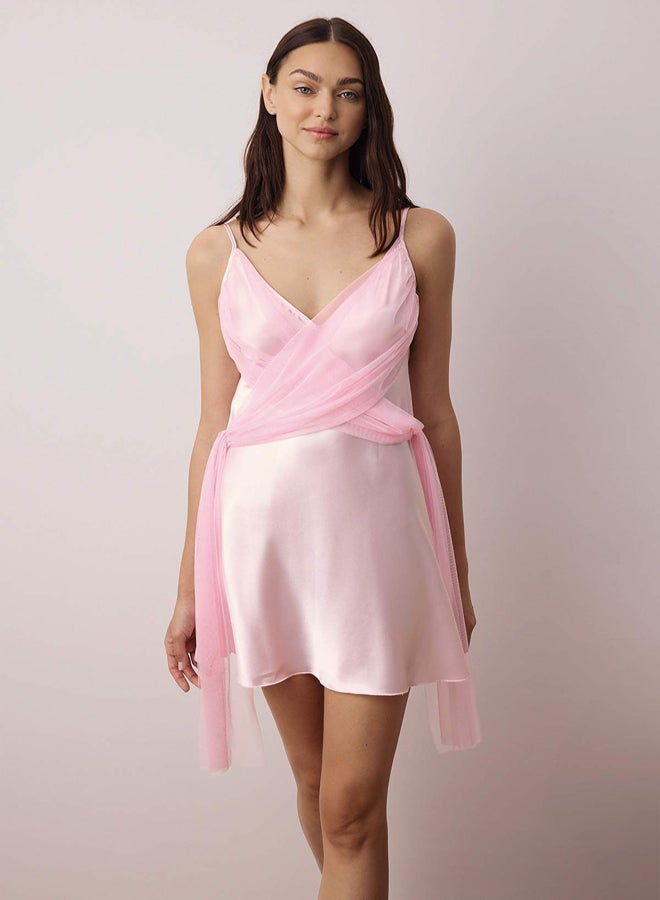 trendyol Powder Tulle Detailed Strap Satin Woven Nightdress - Image 1