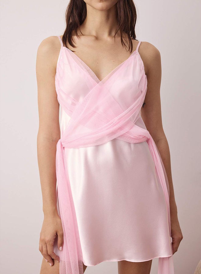 trendyol Powder Tulle Detailed Strap Satin Woven Nightdress - Image 3