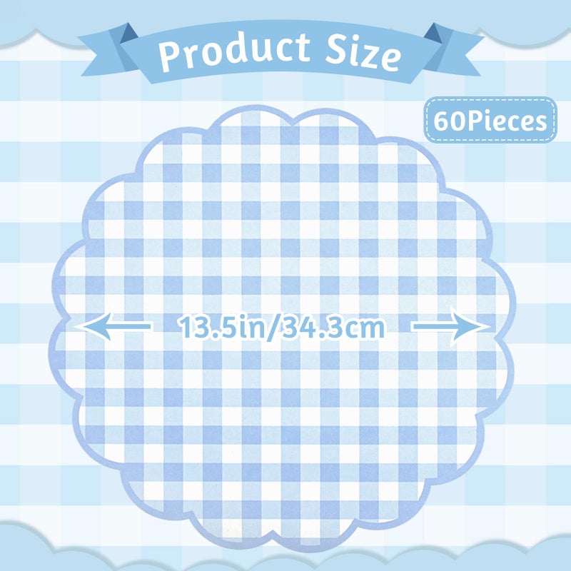 NatNarr 60 Pcs Blue and White Gingham Paper Placemats,13.5 Inch Scalloped Blue Checkered Place Mat Disposable Table Placemats Decorative Paper for Table Setting Baby Shower Wedding Bridal Banquet Tea Party - Image 2