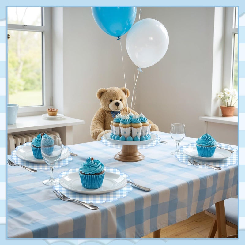 NatNarr 60 Pcs Blue and White Gingham Paper Placemats,13.5 Inch Scalloped Blue Checkered Place Mat Disposable Table Placemats Decorative Paper for Table Setting Baby Shower Wedding Bridal Banquet Tea Party - Image 5