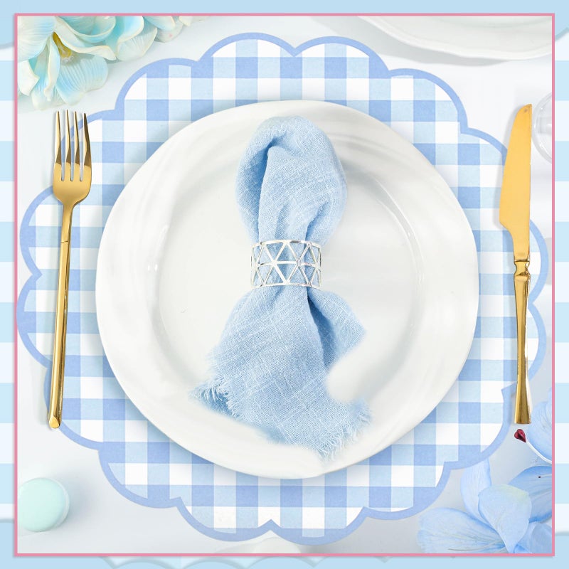 NatNarr 60 Pcs Blue and White Gingham Paper Placemats,13.5 Inch Scalloped Blue Checkered Place Mat Disposable Table Placemats Decorative Paper for Table Setting Baby Shower Wedding Bridal Banquet Tea Party - Image 3
