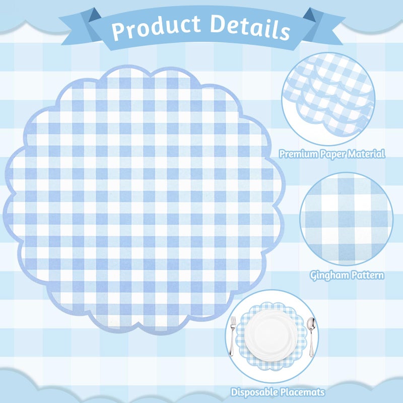 NatNarr 60 Pcs Blue and White Gingham Paper Placemats,13.5 Inch Scalloped Blue Checkered Place Mat Disposable Table Placemats Decorative Paper for Table Setting Baby Shower Wedding Bridal Banquet Tea Party - Image 4