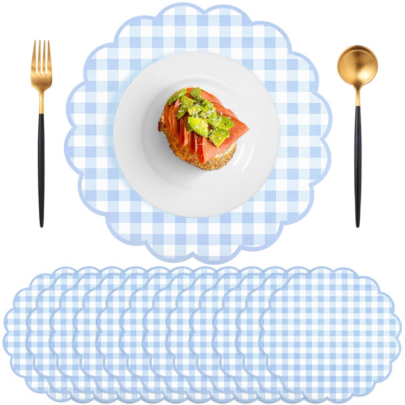 NatNarr 60 Pcs Blue and White Gingham Paper Placemats,13.5 Inch Scalloped Blue Checkered Place Mat Disposable Table Placemats Decorative Paper for Table Setting Baby Shower Wedding Bridal Banquet Tea Party - Image 1