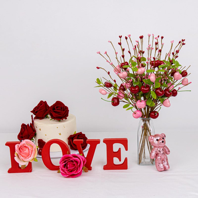 Yawwind 12 PCs Valentine Table Centerpieces 17 Inches Valentines Picks Valentines Day Floral Stems Romantic Heart Flower Picks with Cherry for Gift Vase Table Centerpiece Wedding Indoor Decor - Image 2