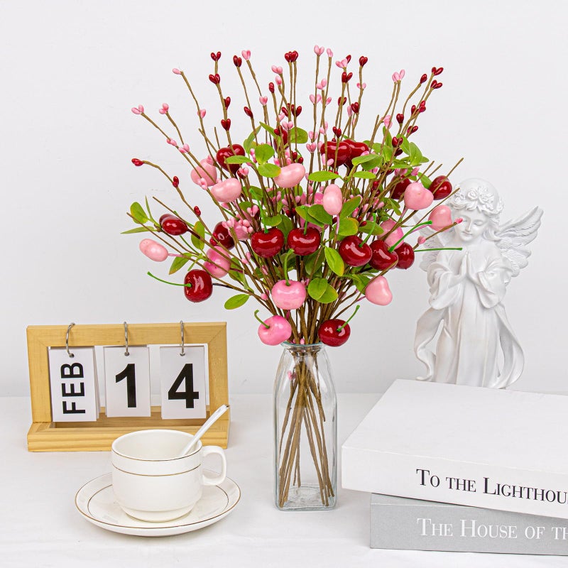 Yawwind 12 PCs Valentine Table Centerpieces 17 Inches Valentines Picks Valentines Day Floral Stems Romantic Heart Flower Picks with Cherry for Gift Vase Table Centerpiece Wedding Indoor Decor - Image 4