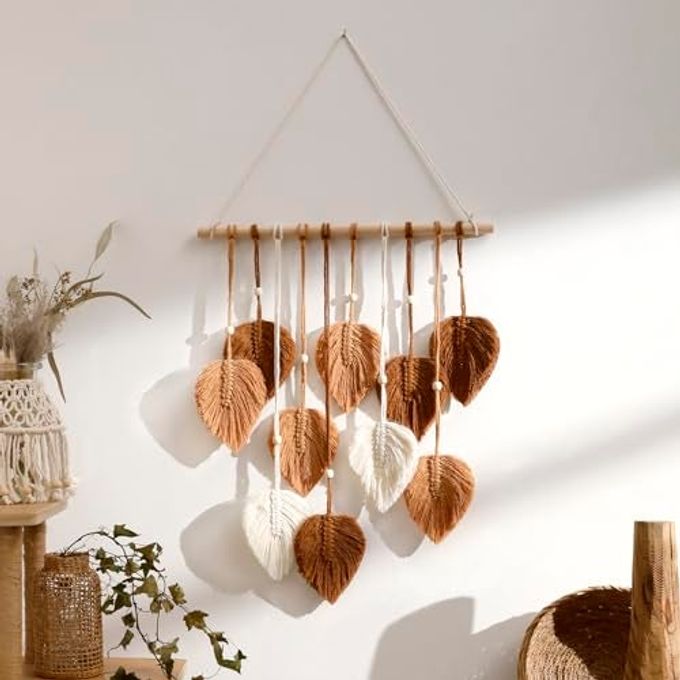 Artilady Macrame Tapestry Wall Hanging Hand Woven Boho Tapestry Fall Leaves Wall Decor, Small Tassels Brown Yarn Hanging Ornament Decor for Bedroom Living Room Dorm - Image 1