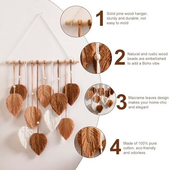 Artilady Macrame Tapestry Wall Hanging Hand Woven Boho Tapestry Fall Leaves Wall Decor, Small Tassels Brown Yarn Hanging Ornament Decor for Bedroom Living Room Dorm - Image 3