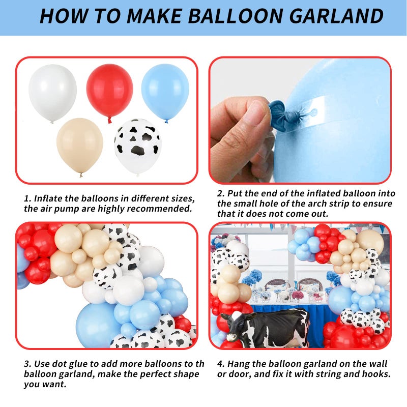 Isndare Farm Animal Theme Balloon Garland Arch Kit Red Blue White Latex Balloons Garland with Cow Print Balloons for Kid Barn Yard Farmhouse Country Western Cowboy Birthday Party Supplies Decoration - Image 4