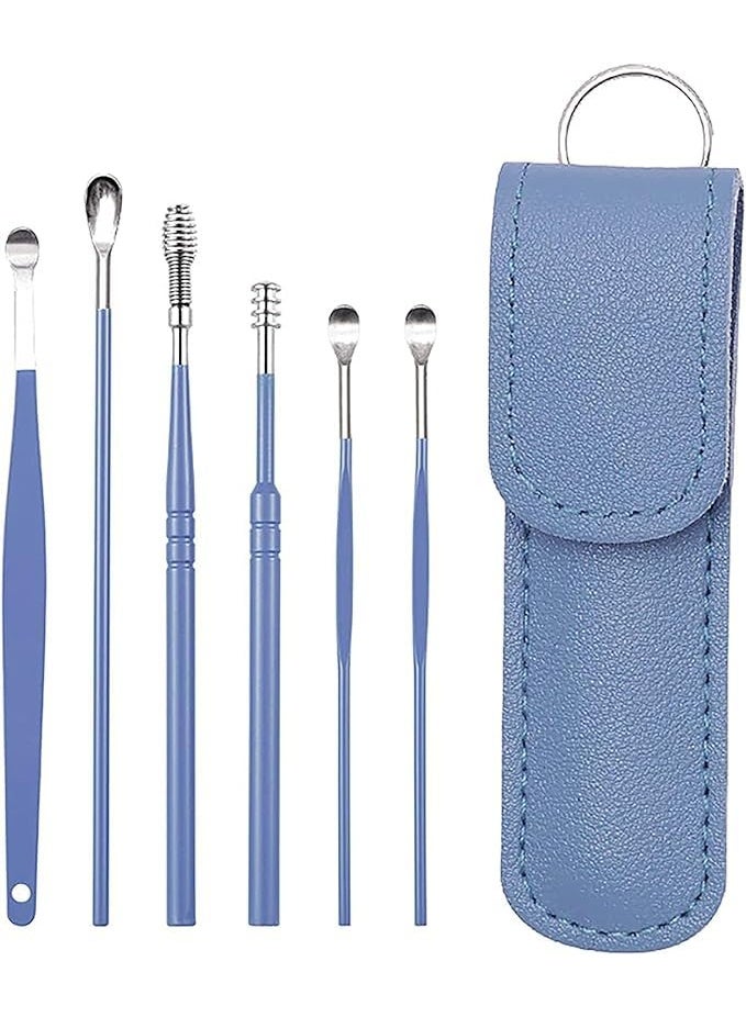 Flavoma Ear Wax Cleaner 6pcs | Resuable Ear Cleaner Tool Set with Storage Leather Pouch | Ear Wax Remover Tool Kit with Stainless Steel Ear Curette Cleaner and Spring Ear Buds Cleaner | Painless Ear Pick - 6 (Blue Color) - Image 1