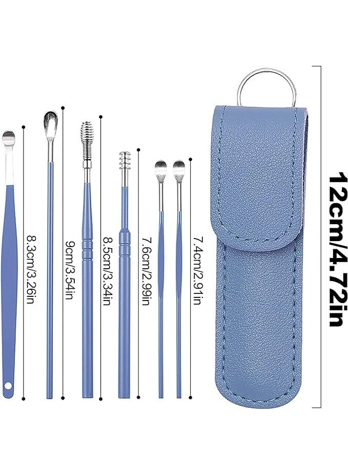 Flavoma Ear Wax Cleaner 6pcs | Resuable Ear Cleaner Tool Set with Storage Leather Pouch | Ear Wax Remover Tool Kit with Stainless Steel Ear Curette Cleaner and Spring Ear Buds Cleaner | Painless Ear Pick - 6 (Blue Color) - Image 4