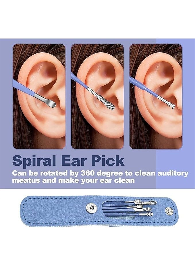 Flavoma Ear Wax Cleaner 6pcs | Resuable Ear Cleaner Tool Set with Storage Leather Pouch | Ear Wax Remover Tool Kit with Stainless Steel Ear Curette Cleaner and Spring Ear Buds Cleaner | Painless Ear Pick - 6 (Blue Color) - Image 2