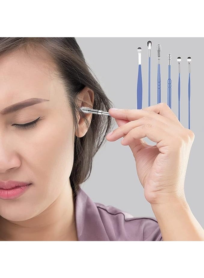 Flavoma Ear Wax Cleaner 6pcs | Resuable Ear Cleaner Tool Set with Storage Leather Pouch | Ear Wax Remover Tool Kit with Stainless Steel Ear Curette Cleaner and Spring Ear Buds Cleaner | Painless Ear Pick - 6 (Blue Color) - Image 3