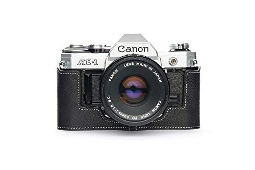 BolinUS A-1 Case, BolinUS Handmade Genuine Real Leather Half Camera Case Bag Cover for Canon AE-1 A-1 (NO Handle) Camera with Hand Strap (Black) - Image 1