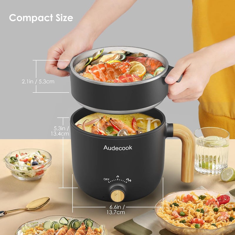 Audecook قدر كهربائي أوديكوك مع مبخرة، 1.5 لتر محمول غير لاصق متعدد الوظائف، مقلاة كهربائية للسفر مع تحكم مزدوج في الطاقة لتحضير نودلز الرامن/المعكرونة/البيض/الحساء/الشوفان (أسود) - Image 4