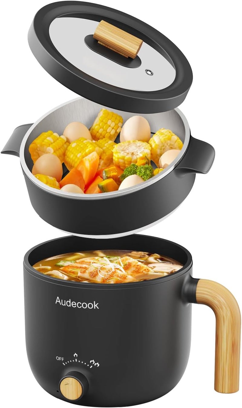 Audecook قدر كهربائي أوديكوك مع مبخرة، 1.5 لتر محمول غير لاصق متعدد الوظائف، مقلاة كهربائية للسفر مع تحكم مزدوج في الطاقة لتحضير نودلز الرامن/المعكرونة/البيض/الحساء/الشوفان (أسود) - Image 1