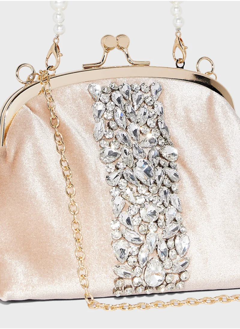 خزانة Rhinestone Velvet Clutch Bag With Pearl Handle