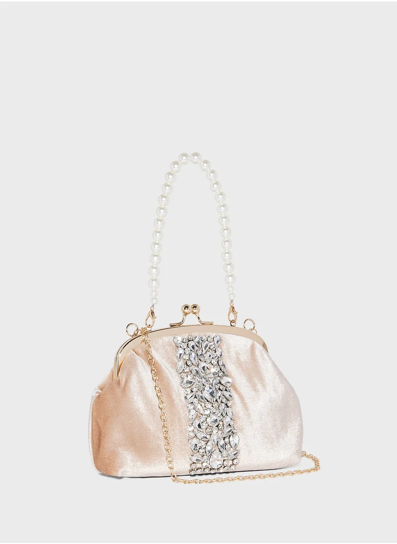 خزانة Rhinestone Velvet Clutch Bag With Pearl Handle