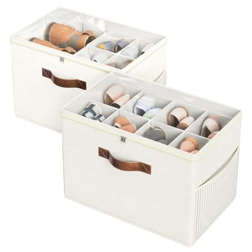 Budding Joy 2 Pack Shoe Organizer for Closet Clear Foldable Shoe Storage Containers Adjustable Dividers Fits 16 PairsShoe Storage Bins Baskets Boxes with Reinforced Handles Beige