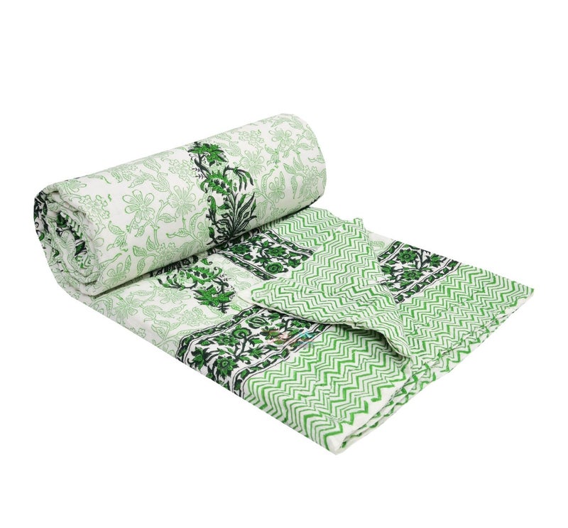 LOARSHY Hand Block Printed Pure Cotton Razai King Size Rajai/Quilts/Razzai - Green (Size 90X108 INCHES) - Image 4